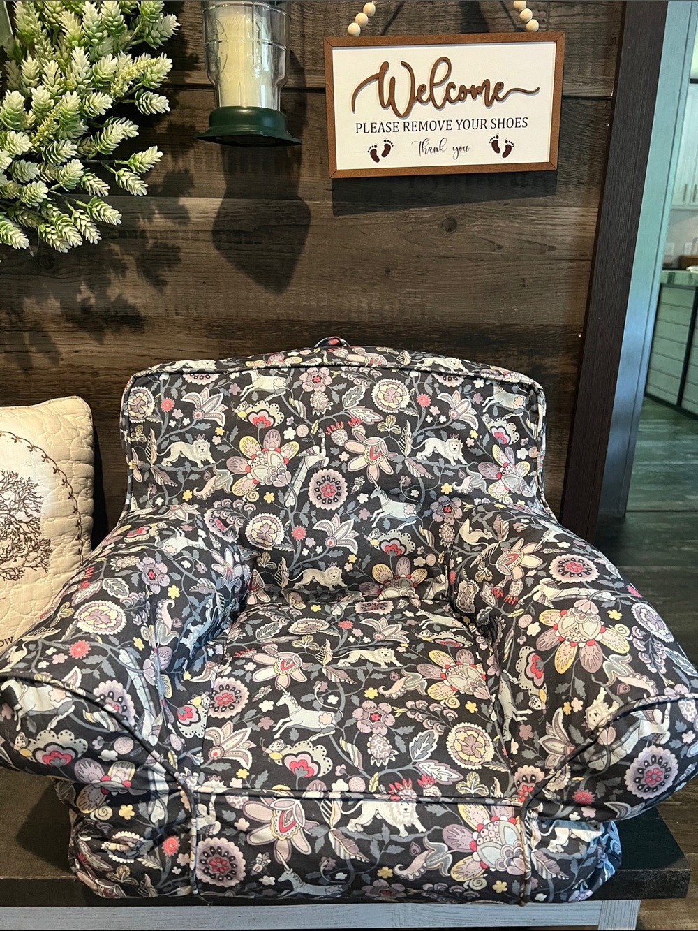 Pottery Barn Kids Floral Gray Pink Cream Chair Slipcover